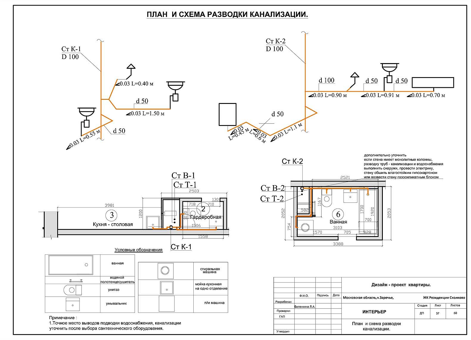 Проект двухкомнатной квартиры. Лист37 План и схема разводки канализации